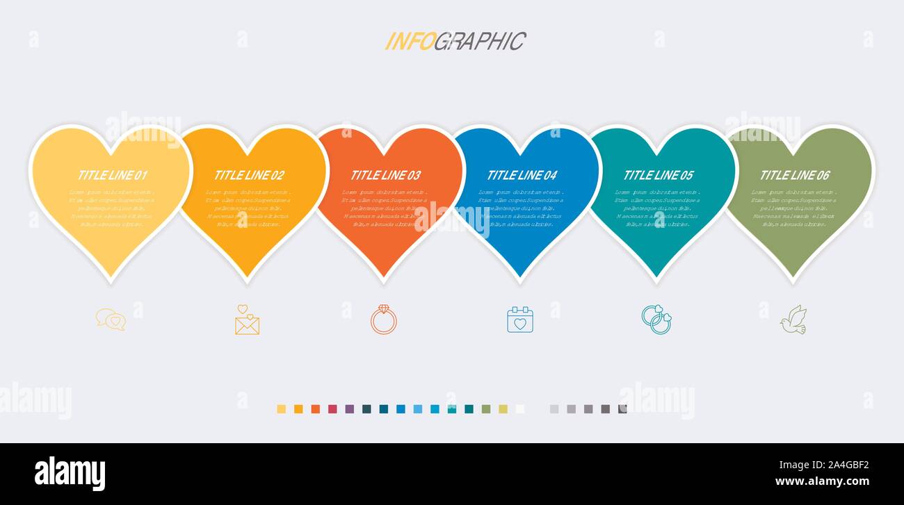 Liebe Infografik Vorlage. 6 Schritte Herz Design mit schönen Farben. Vektor timeline Elemente für Präsentationen. Stock Vektor