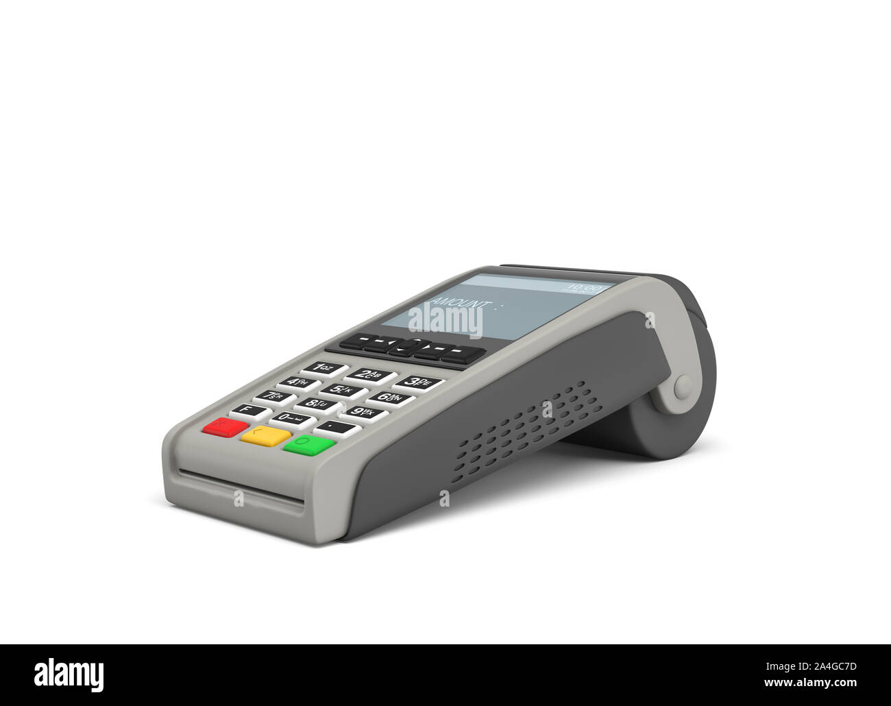 3D-Rendering von einer leeren Karte Payment Terminal in der Seitenansicht auf weißem Hintergrund. Stockfoto