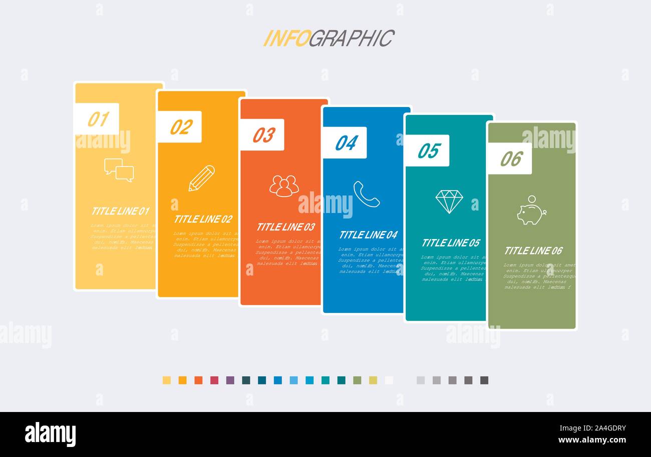 Bunte Diagramm, infografik Vorlage. Timeline mit 6 Optionen. Workflow für das Geschäft. Vektor Design. Stock Vektor