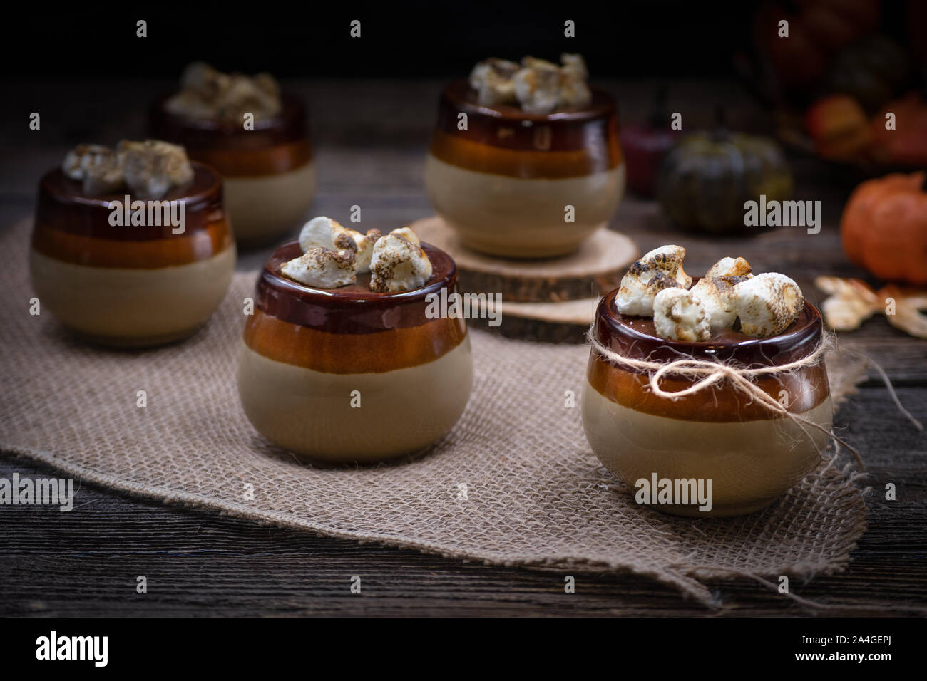 Pumpkin Pie mit Ganache und smores in einzelnen Tontöpfen serviert gekrönt Stockfoto