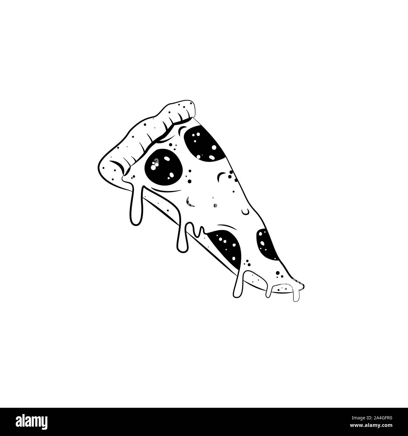 Vector Illustration. Pizza mit geschmolzenem Käse und Salami. Hand gezeichnet Doodle. Cartoon Skizze. Dekoration für Grußkarten, Poster, Embleme Stockfoto