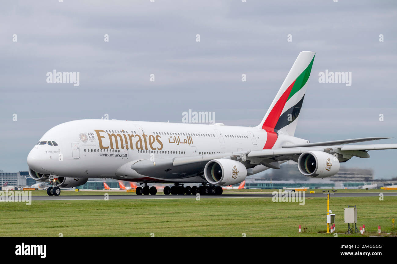 Emirate, Airbus, ein 380-861 EXPO 2020, ein 6-Eud am Flughafen Manchester Stockfoto