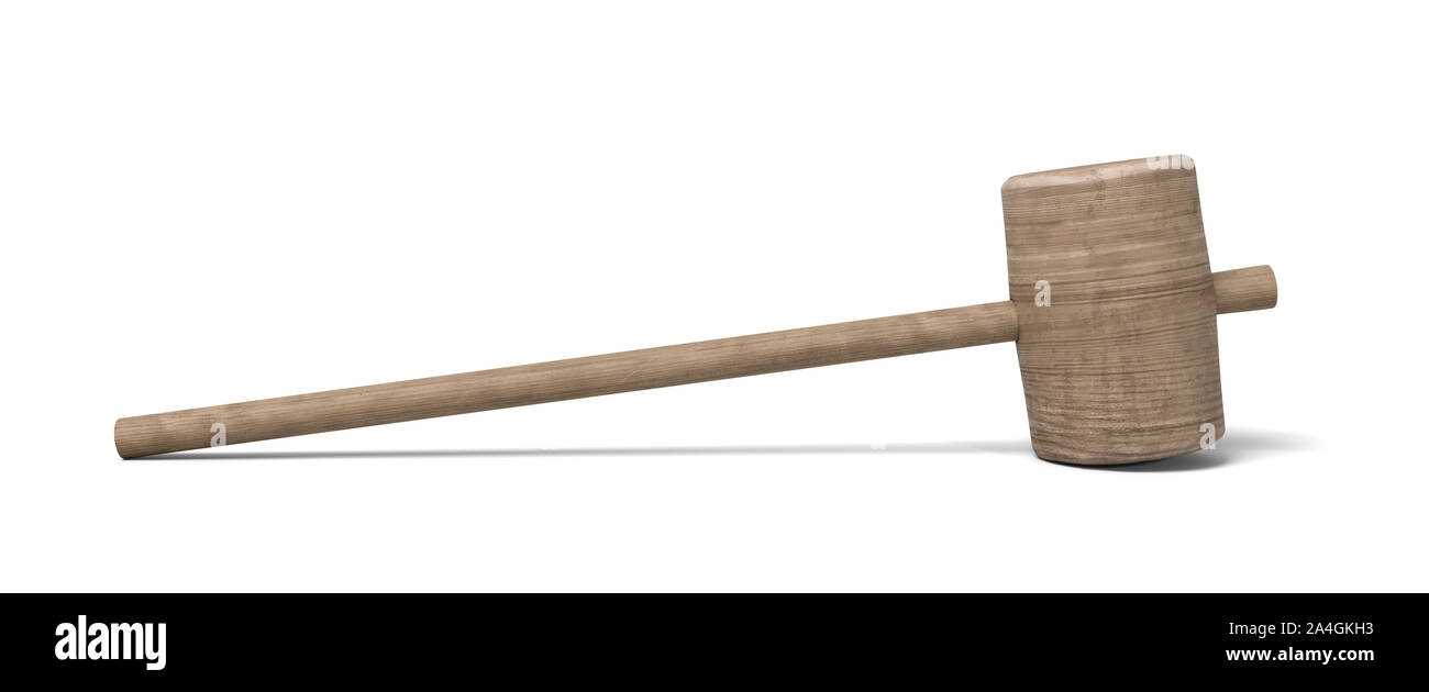 3D-Rendering von hölzernen Hammer mit langen dünnen Griff und einen großen runden Kopf. Stockfoto