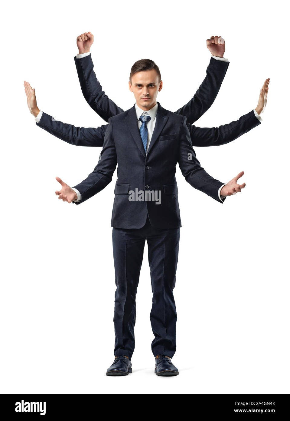 Ein Geschäftsmann mit sechs Arme und Fäuste, stoppen und einladende Bewegungen. Stockfoto