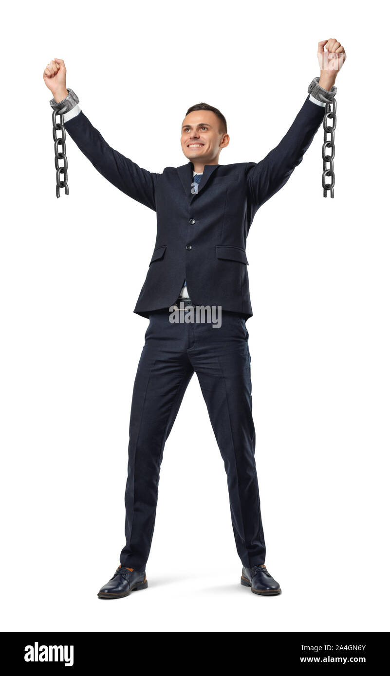 Ein glückliches Geschäftsmann mit der Hand angehoben, gebrochenen Schäkel auf weißem Hintergrund. Stockfoto