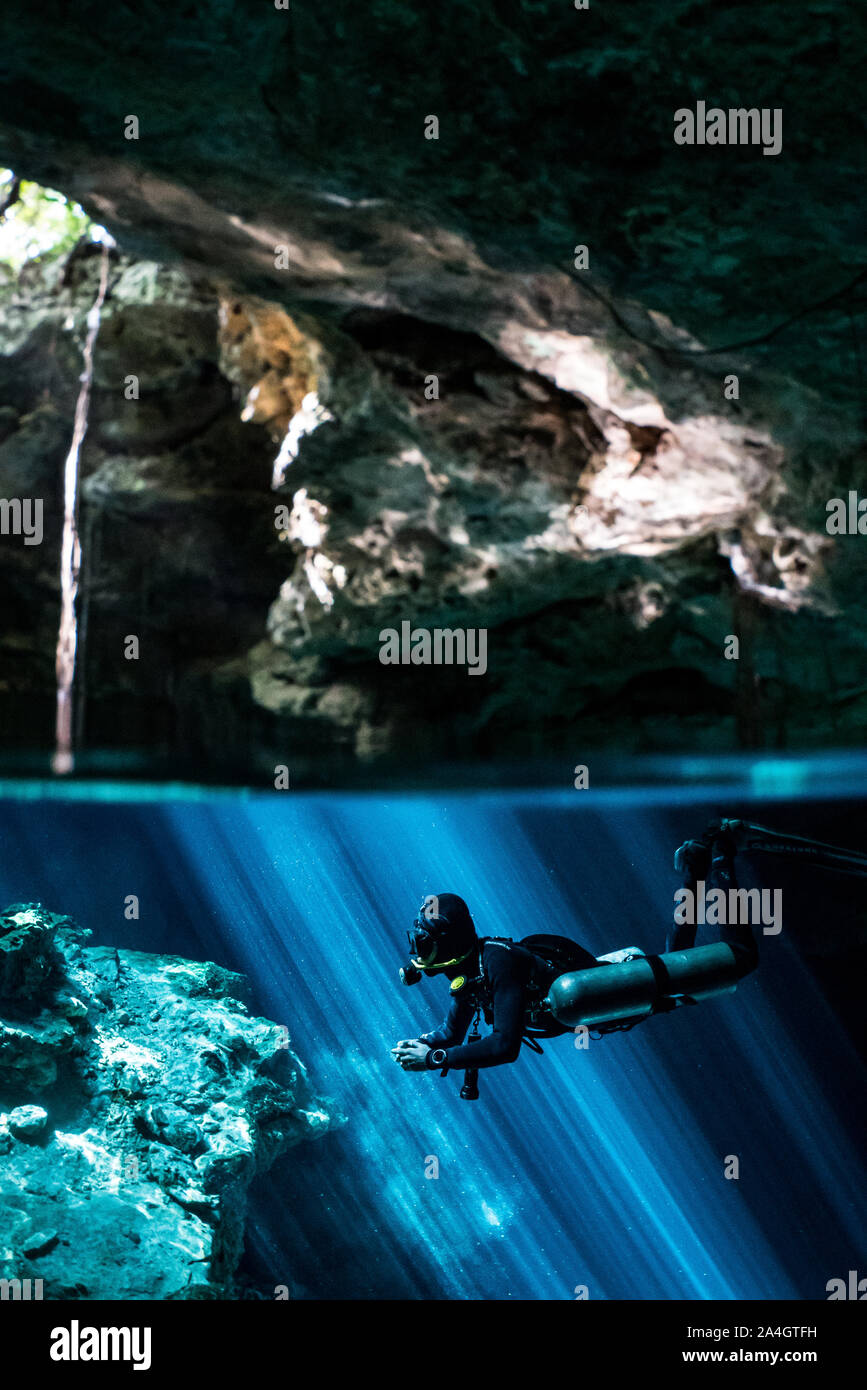 Ein Scuba Diver genau unter die Oberfläche am Eingang zu Tajma Ha Cenote, Mexiko. Stockfoto
