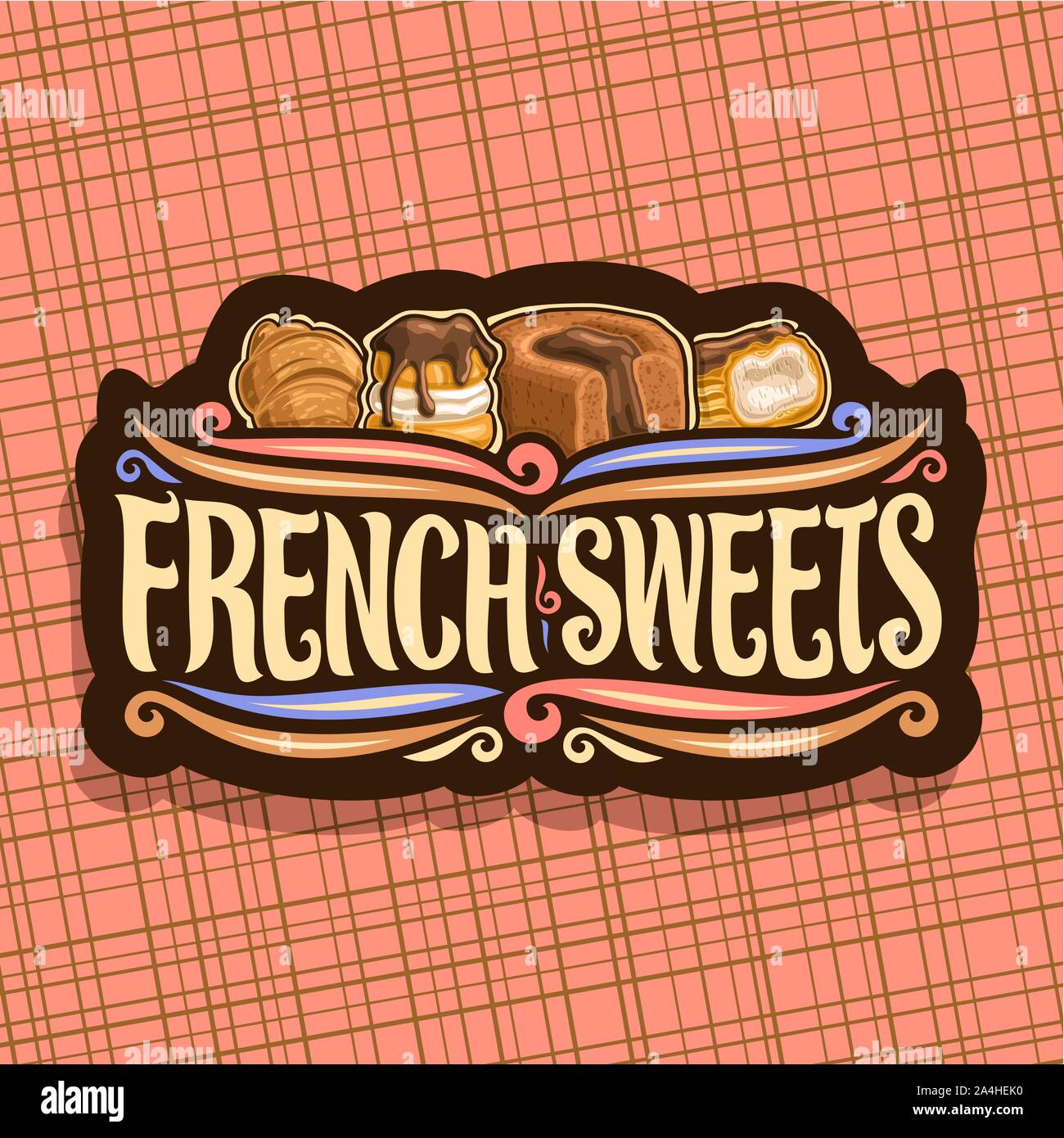 Vektor logo für französische Spezialitäten, dunkle Tafel für Konditorei Cafe mit original brush Schrift für Worte französische Spezialitäten, frische Croissants, mit Schokolade Stock Vektor