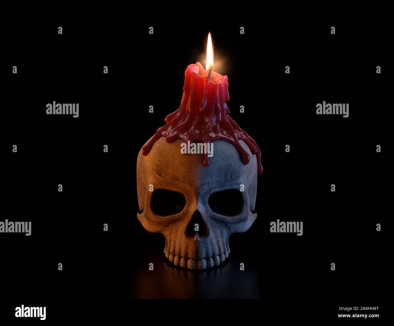 Ein Konzept mit einem menschlichen Schädel, gekrönt mit einem Schmelzpunkt rote Kerze auf einem isolierten dunklen Studio Hintergrund - 3D-Render lit Stockfoto
