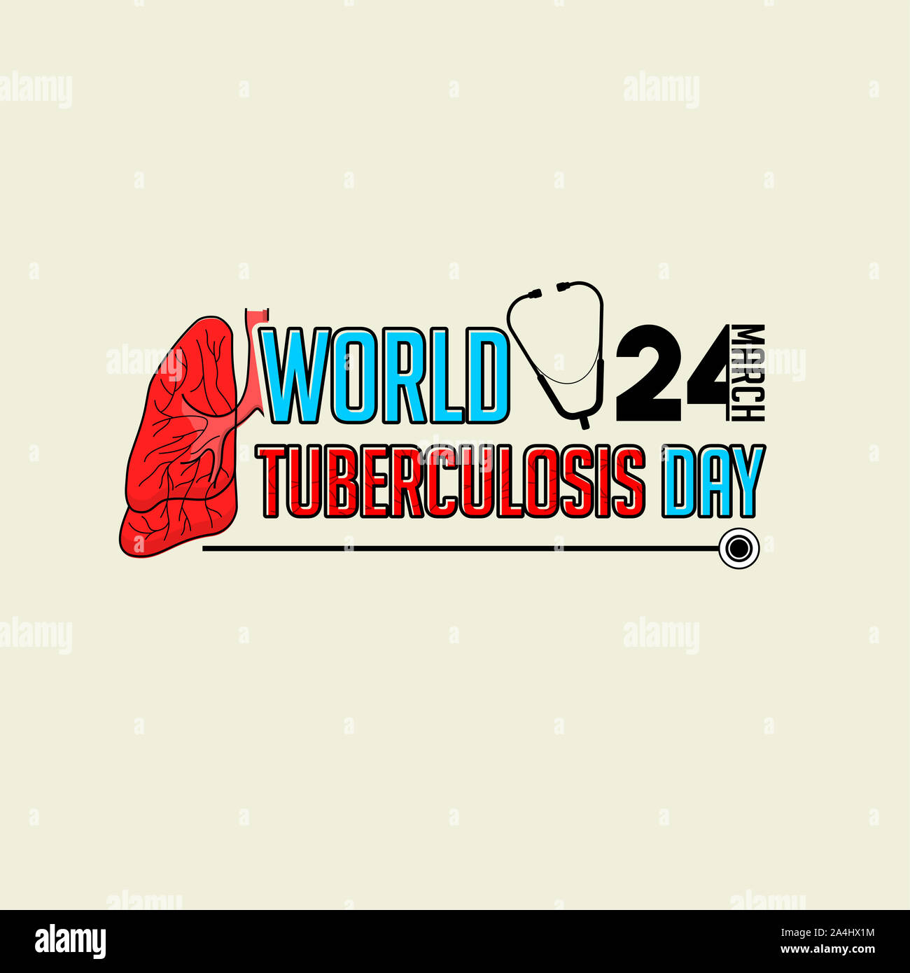 Typografie für Welttuberkulose-tag mit roten Lungen und Stethoskop vektor Cartoon Stockfoto