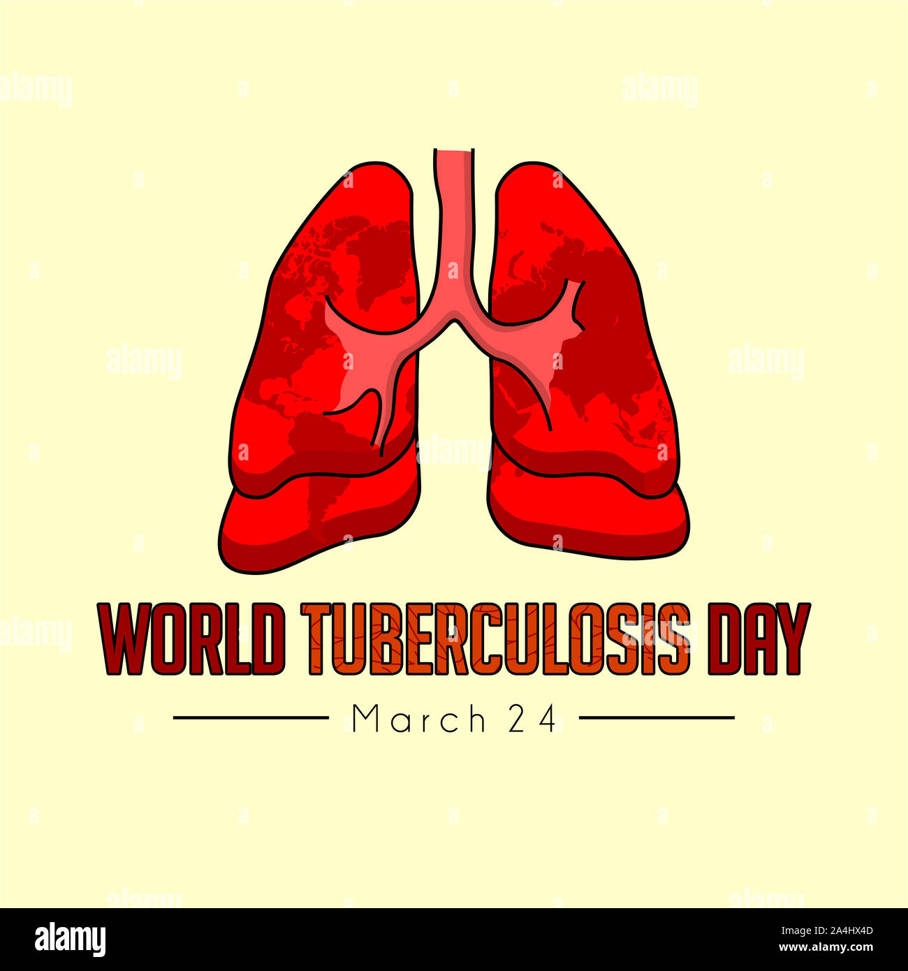 Welttuberkulosetag mit roten Lungen und Weltkarte in Lunge, Vektor Cartoon Stockfoto