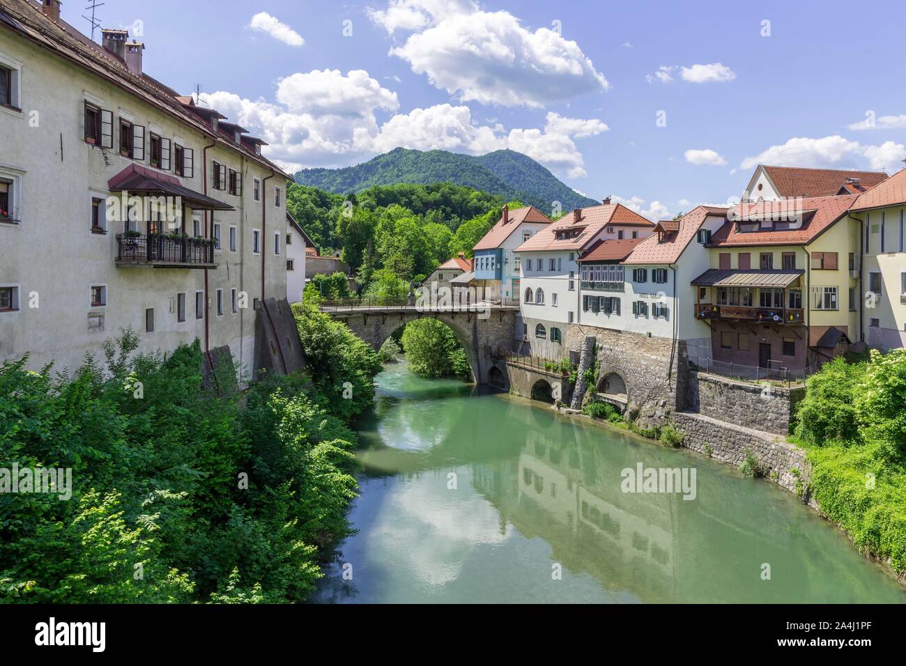Alte Stadt am Fluss Sora, Skofja Loka, Slowenien Stockfoto