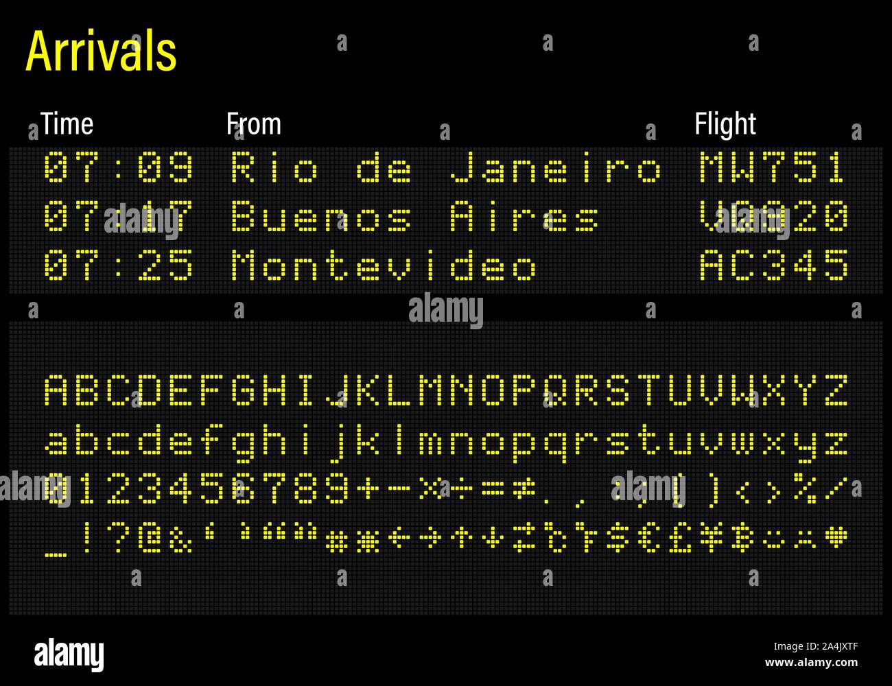 LED-Elektronik digital Font, Buchstaben, Zahlen und Symbole Vector Illustration für Flughafen, Zug Information und Sport Anzeigetafel - gelber Schrift Stock Vektor