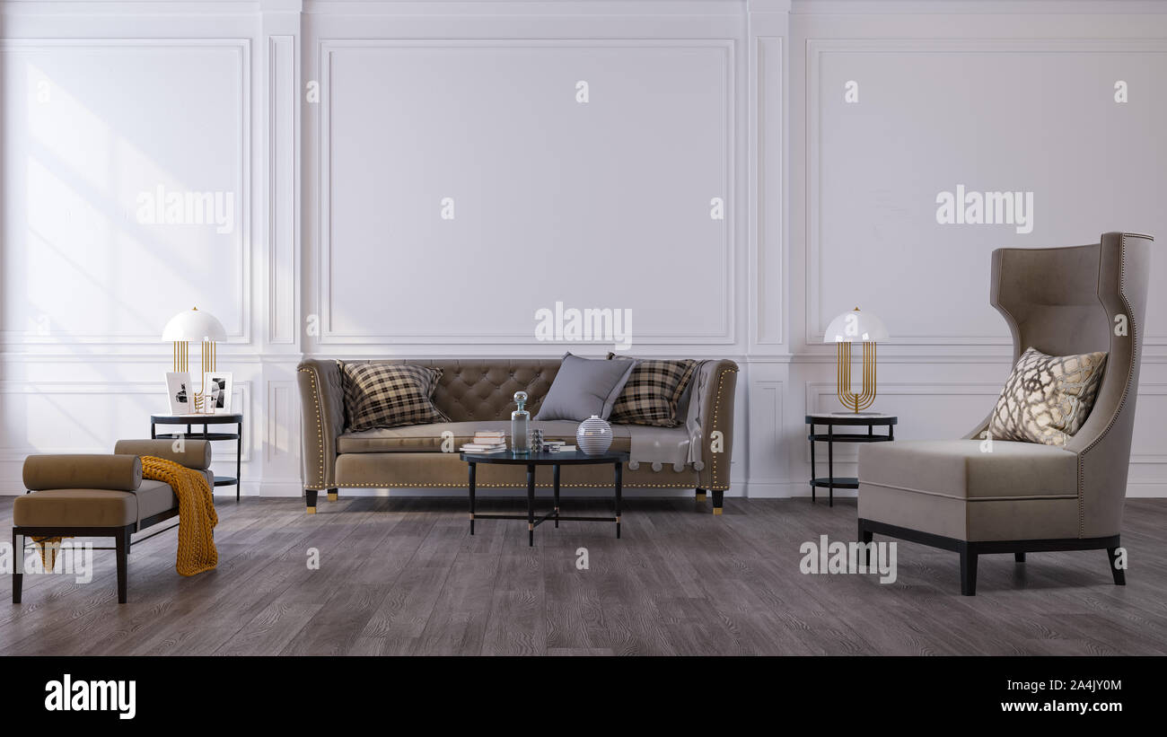 Dekorativer Hintergrund für Home, Office und Hotel. Modernes Design Wohnzimmer Sofa und modernen Details im Innenraum auf dem Hintergrund einer weißen Cla Stockfoto