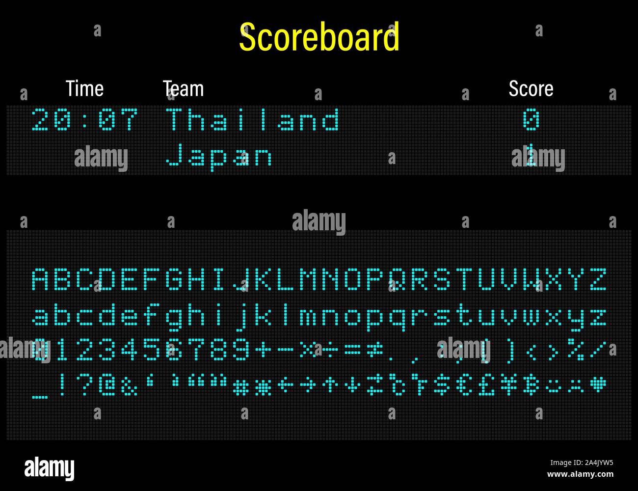 LED-Elektronik digital Font, Buchstaben, Zahlen und Symbole Vector Illustration für Flughafen, Zug Information und Sport Anzeigetafel - blaue Schrift Stock Vektor