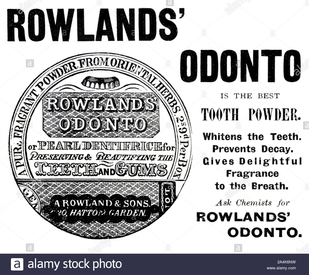 Der viktorianischen Ära, Rowlands Odonto Zahn Pulver, Vintage Werbung von 1896 Stockfoto