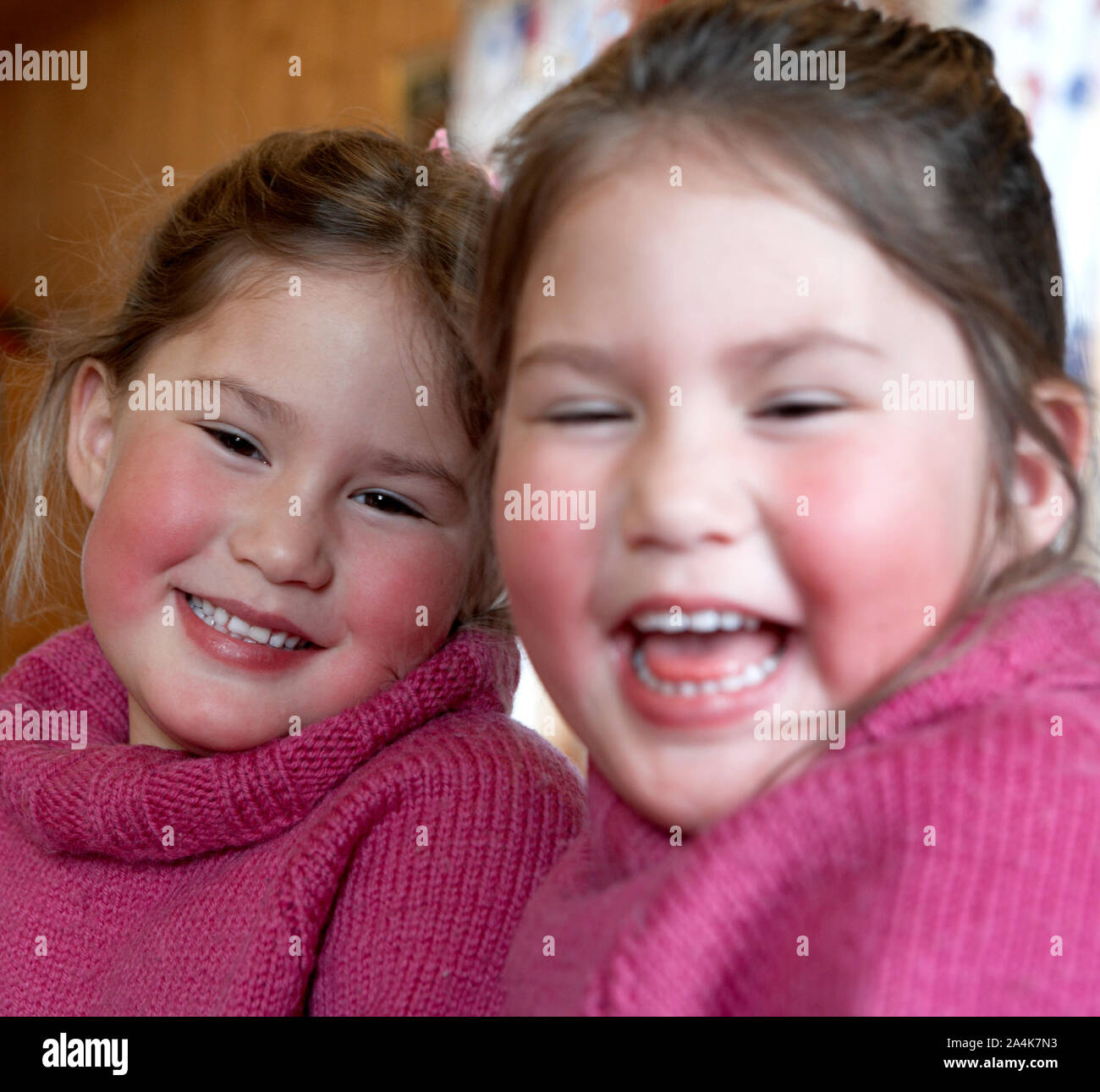 Zwei Mädchen mit braunen Augen - in rosa Pullover. Stockfoto