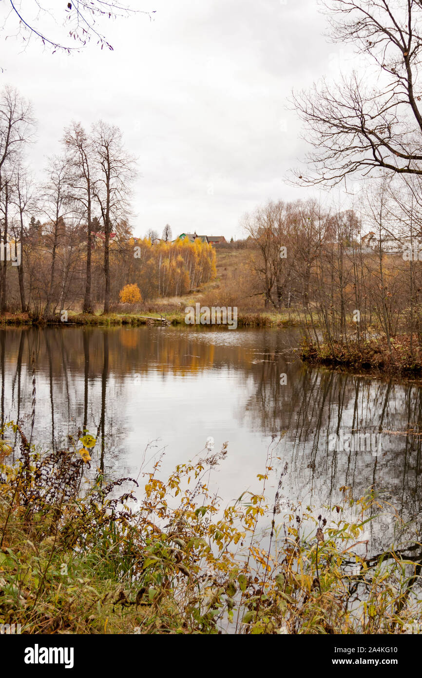 Russland, Moscow Region - Oktober 13, 2019: schöne herbstliche Blick auf Teich in Manor in Serednikovo Firsanovka. Der goldene Herbst Bäume sich in Th Stockfoto