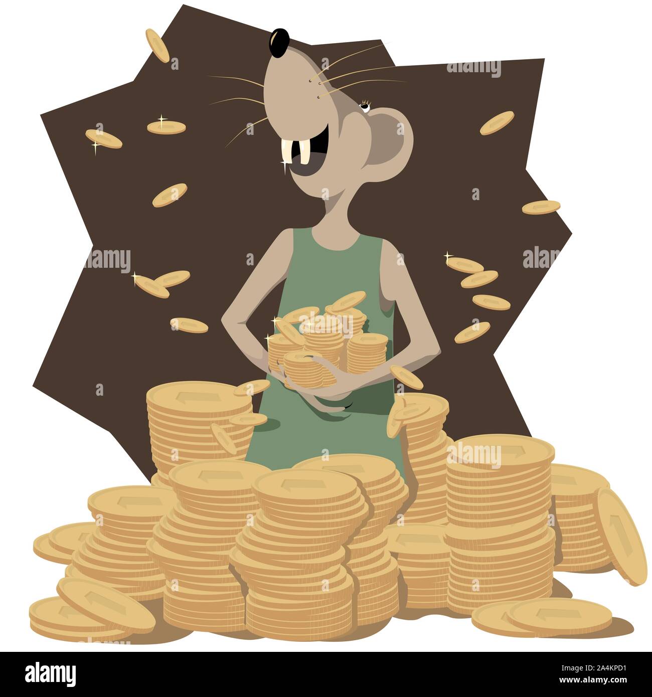 Ratte Symbol für das neue Jahr 2020 sammelt Geld fallen. Freude und Glück auf dem Gesicht der Maus. Berge von Goldmünzen. Vector Illustration Stock Vektor Ratte Symbol für das neue Jahr 2020 sammelt Geld fallen. Freude und Glück auf dem Gesicht der Maus. Berge von Goldmünzen. Vector Illustration Stock Vektor