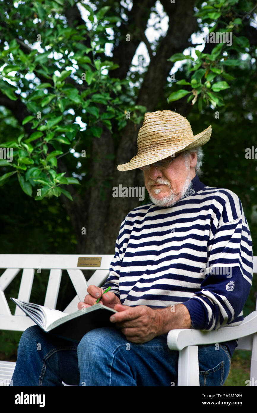 Mann lesen - tragend Strohhut - zurückgezogen Stockfoto