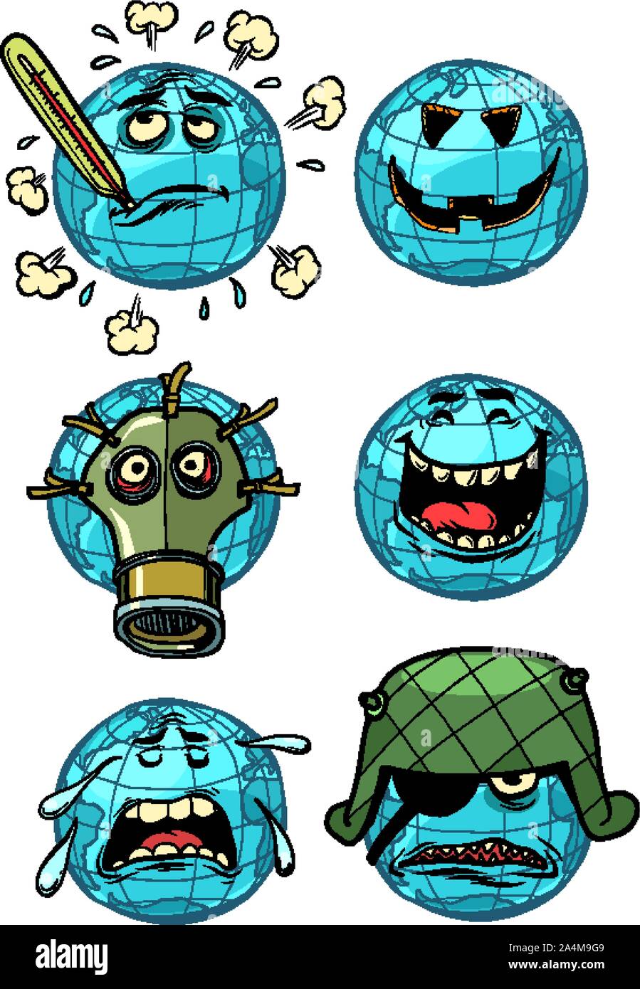 Charakter Planeten Erde. eine Sammlung von Emotionen Emoji eingestellt. Themen der Ökologie und globale Erwärmung, Krieg, Lachen und Mühe. Comic cartoon Pop Art ret Stock Vektor
