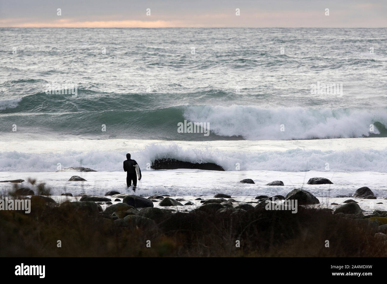 Mann in Anzug läuft in Wellen mit Surfbrett Stockfoto