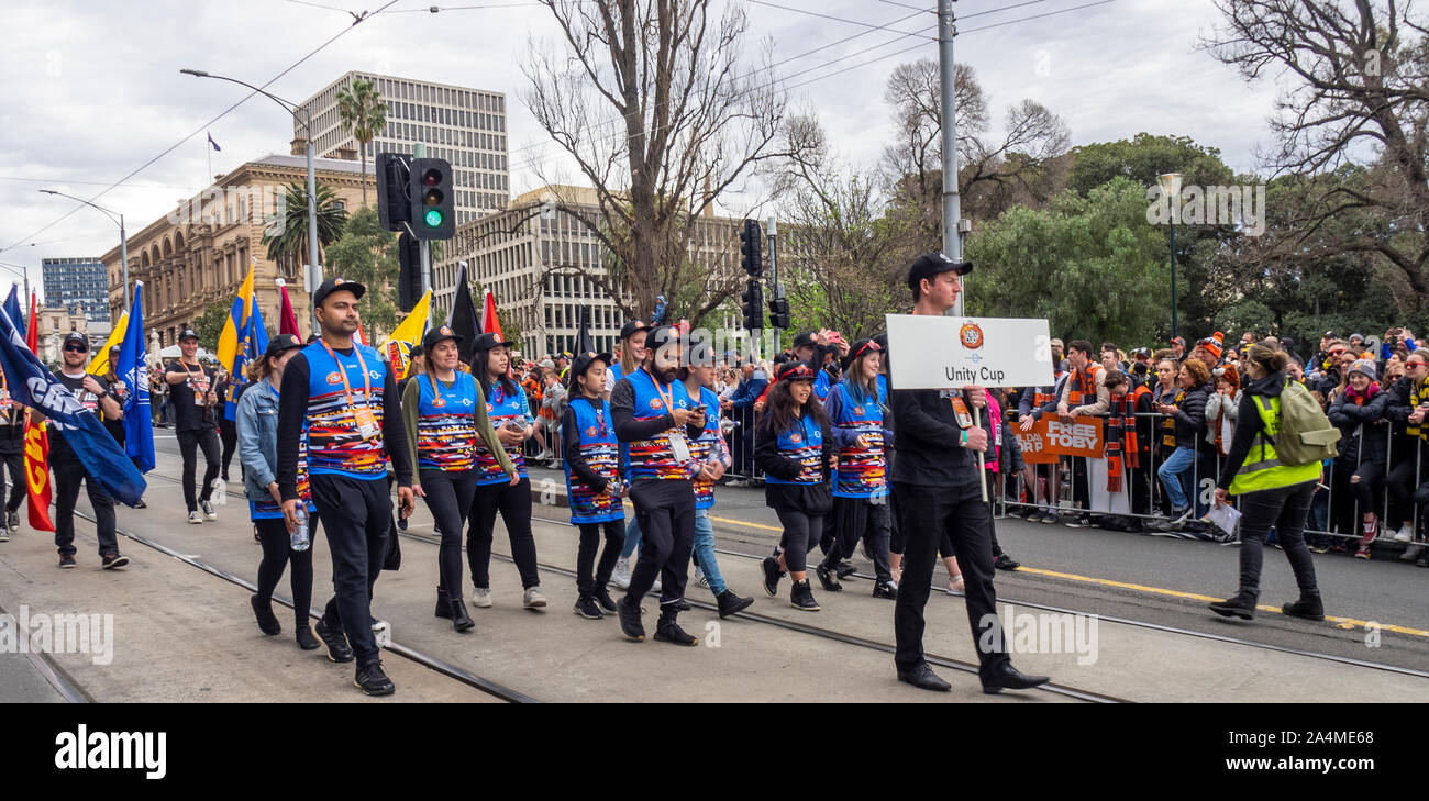 Der Australian Football League AFL 2019 Grand Final Parade Mehr Western Sydney GWS Riesen Richmond Tigers Melbourne, Victoria, Australien. Stockfoto