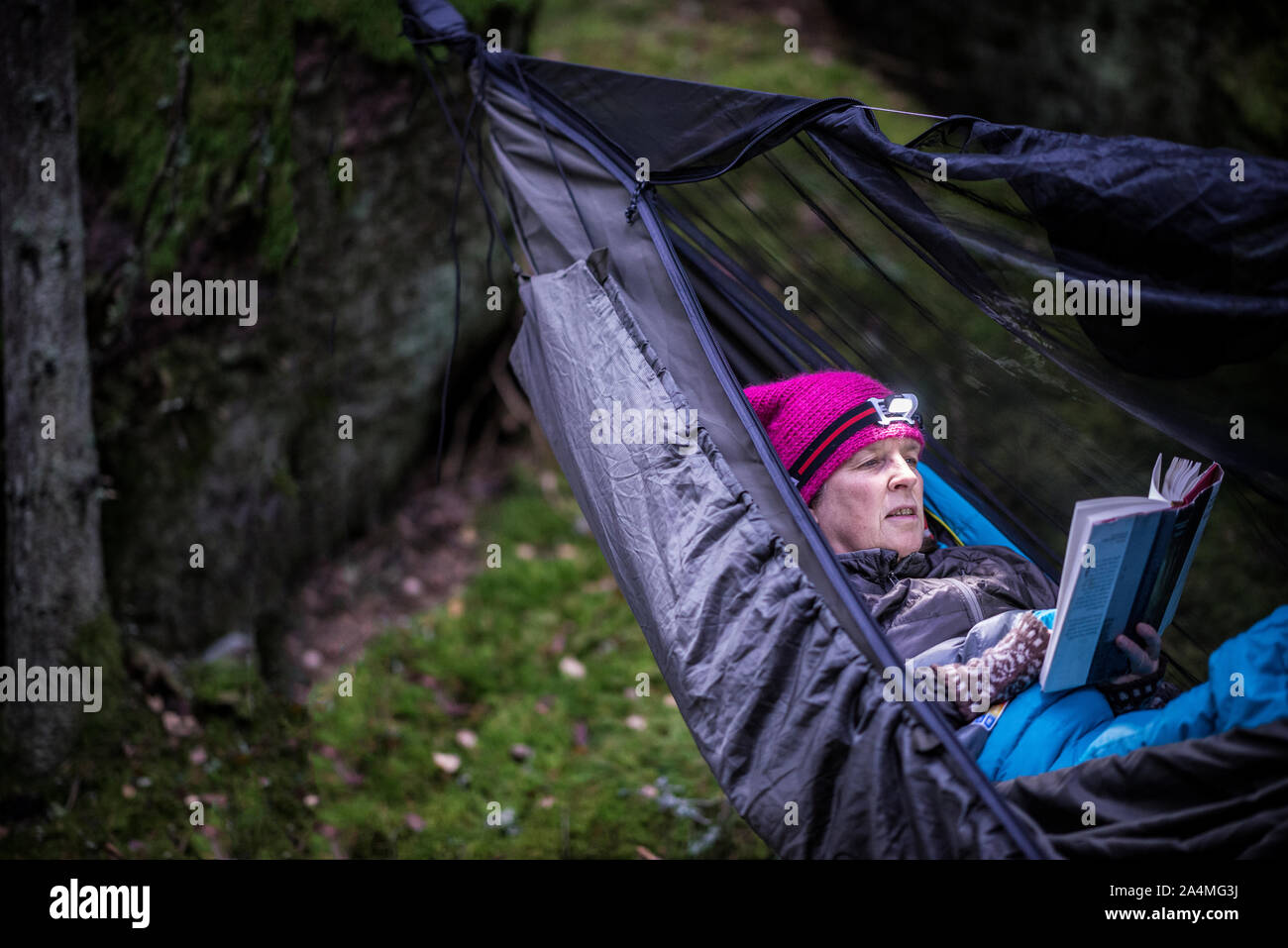 Frau mit Buch in der Hängematte im Wald Stockfoto