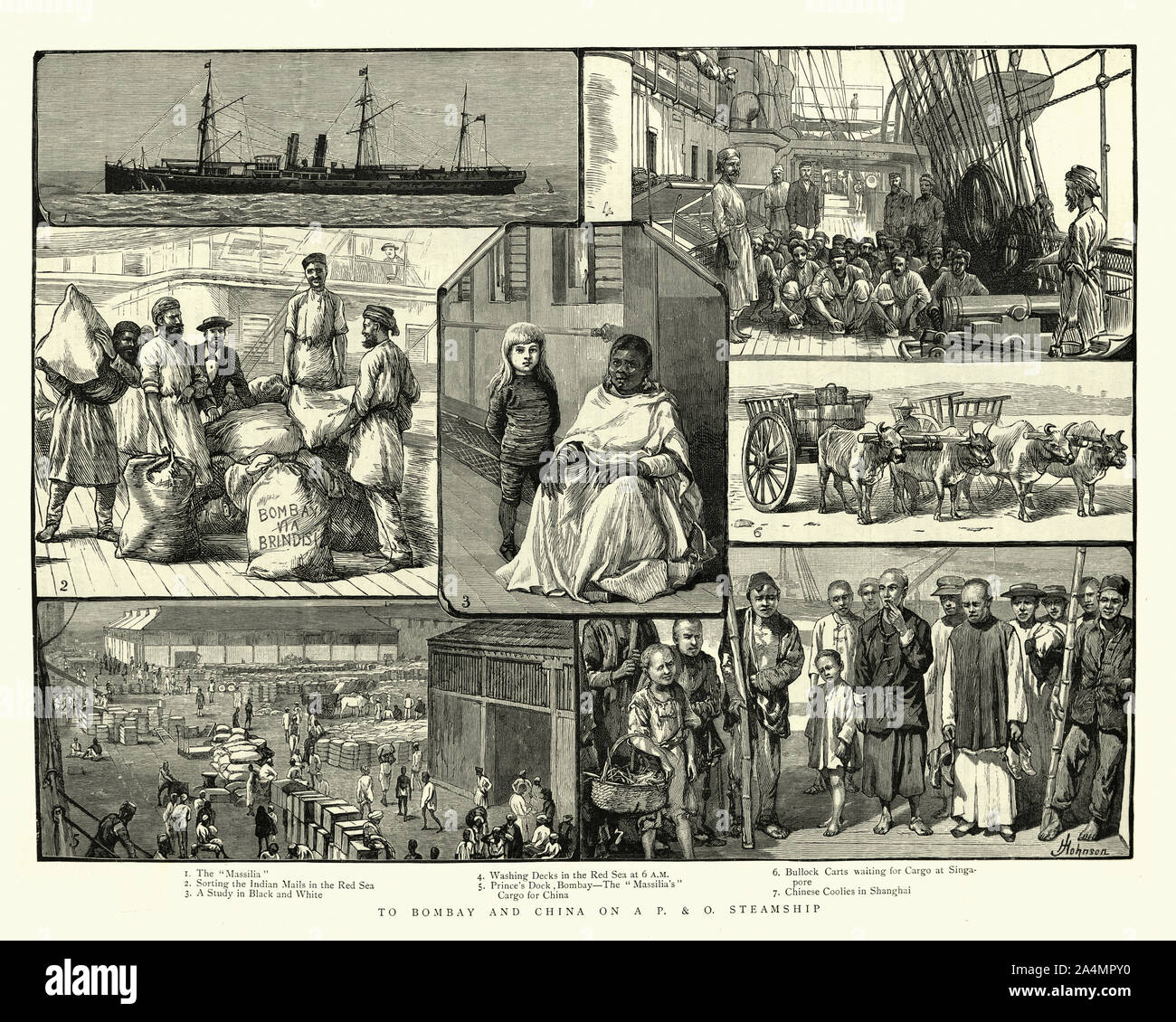 Vintage Gravur von Szenen aus eine Fahrt von Bombay nach China auf einem viktorianischen (P&O) Dampfschiff, 19. Jahrhundert Stockfoto