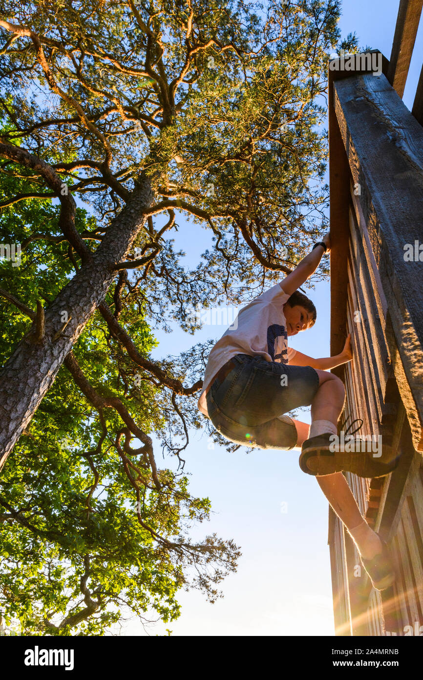 Junge klettern auf Holzkonstruktion Stockfoto