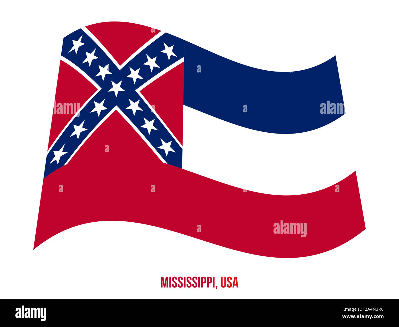 Mississippi (USA) Flagge schwenkten Vector Illustration auf weißem Hintergrund. Flagge der Vereinigten Staaten von Amerika. Stockfoto