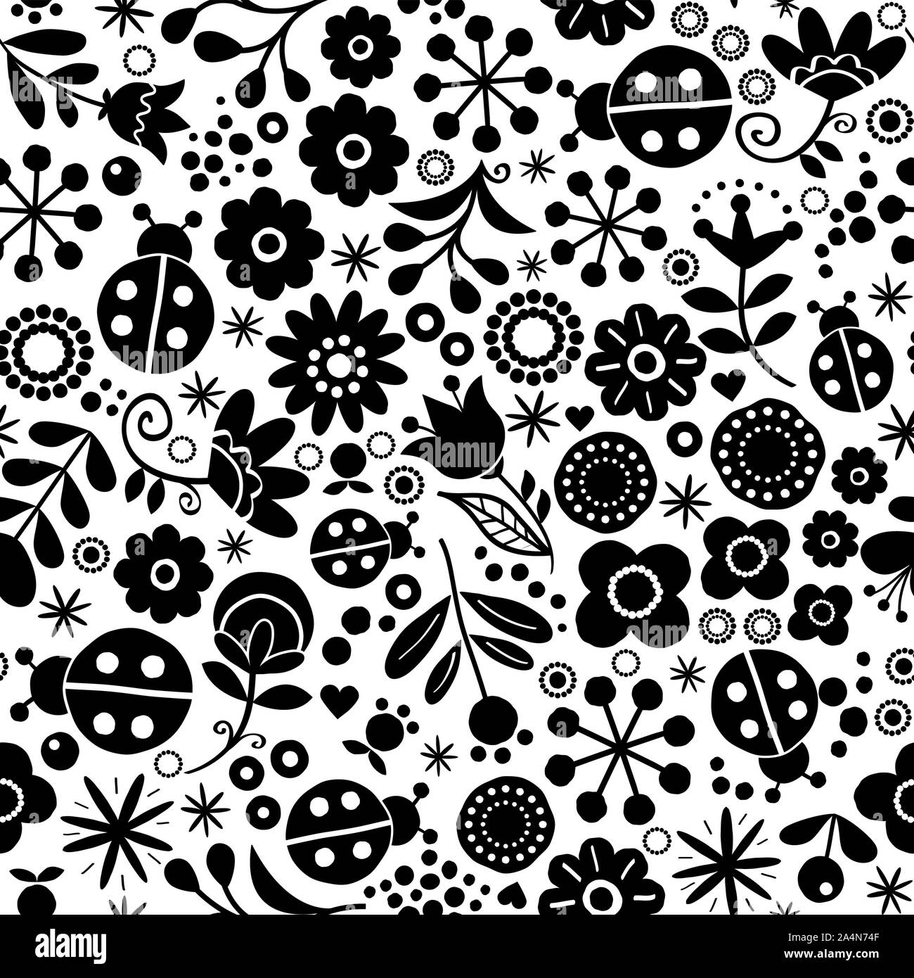 Nahtlose floral retro Vektor Muster - Hand gezeichnet Vintage skandinavischen Stil textile Design mit schwarzen und weißen Blumen und Marienkäfer auf Weiß Stock Vektor