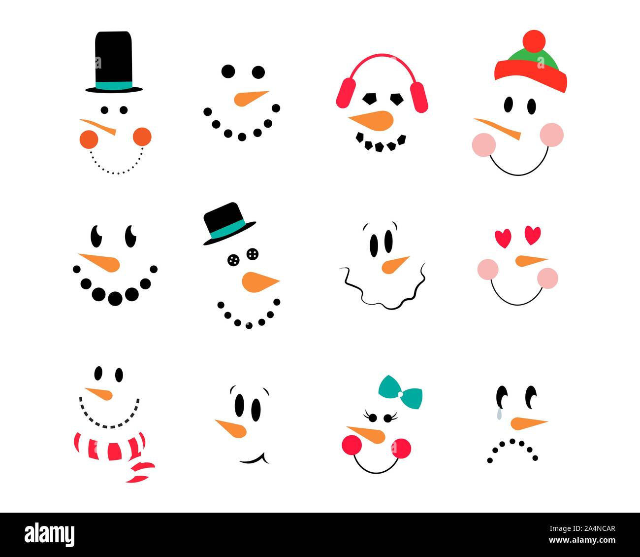 Schneemann Emoticons. Vektor Sammlung von niedlichen Schneemann Gesichter. Vektor Schneemann. Lustige cartoon Gesichter mit Emotionen und Hüte, Herzen, Schal, Bug. Stock Vektor