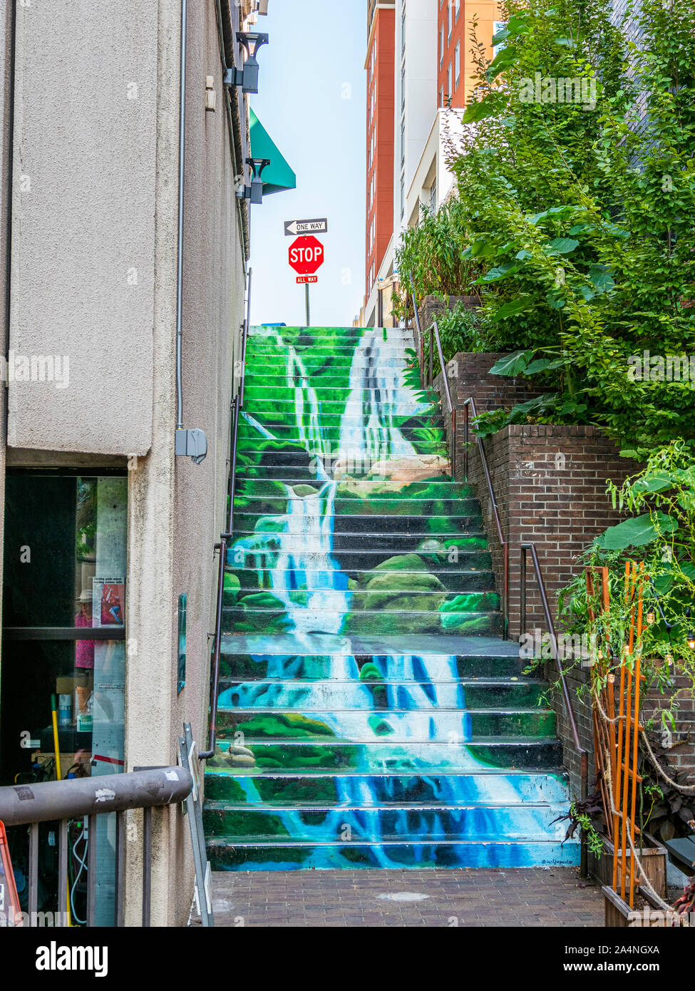 Wasserfall lackierte Treppe zwischen der Wall Street und dem Battery Park Avenue in der Innenstadt von Asheville North Carolina Stockfoto