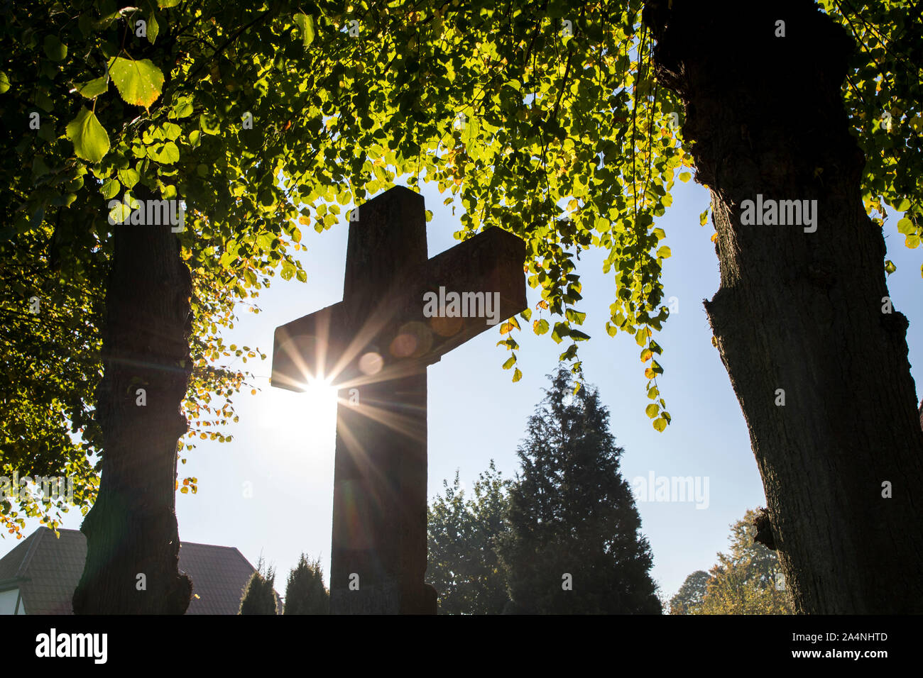 Big grab Kreuz aus Stein, auf einem Friedhof, unter Bäumen, Stockfoto