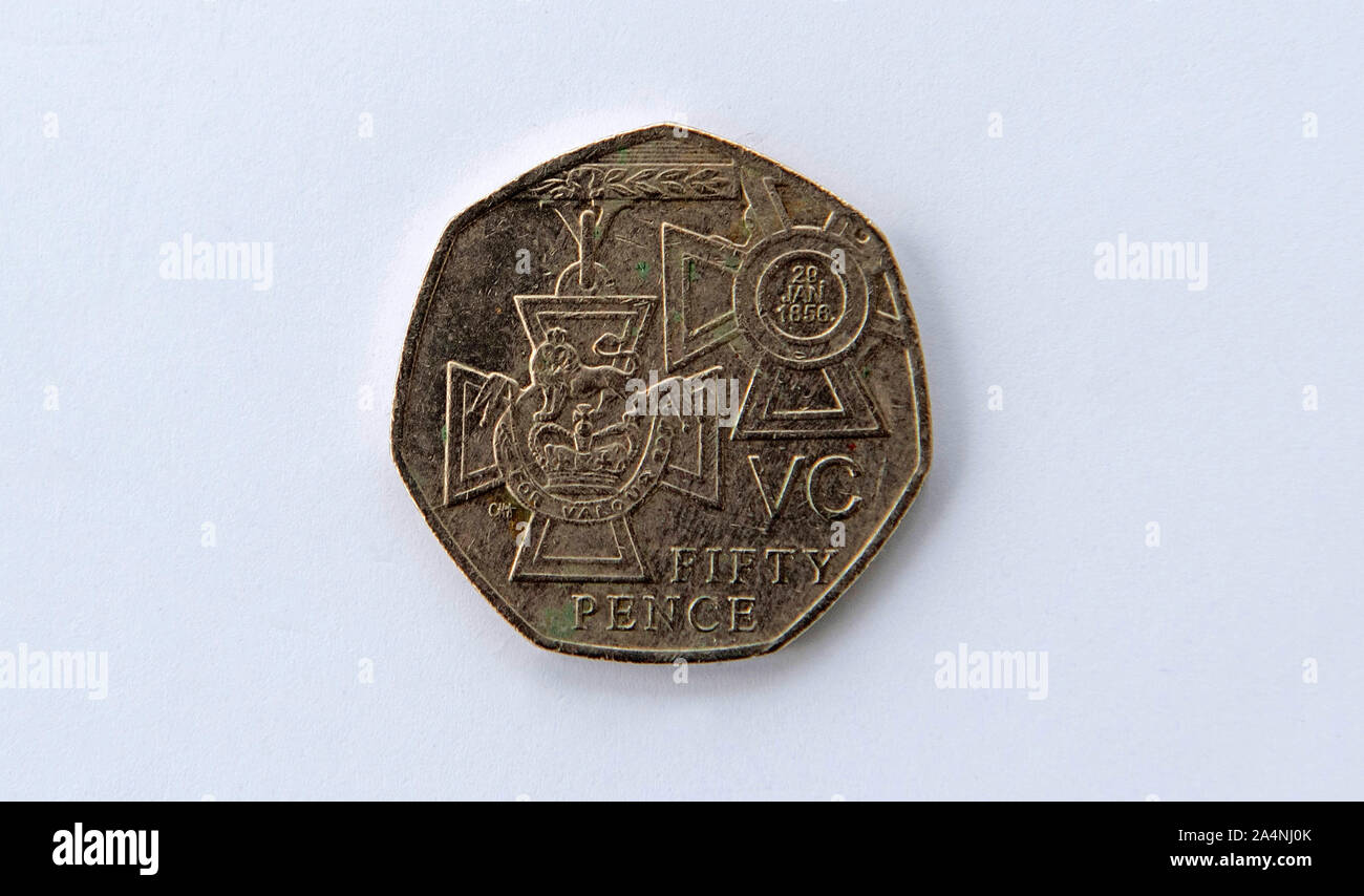 UK 50 Cent Münzen. Stockfoto