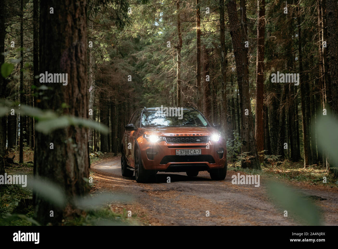 Minsk, Weißrussland - September 24, 2019: Land Rover Discovery Sport auf Landstraße n Herbst Wald landschaft. Stockfoto