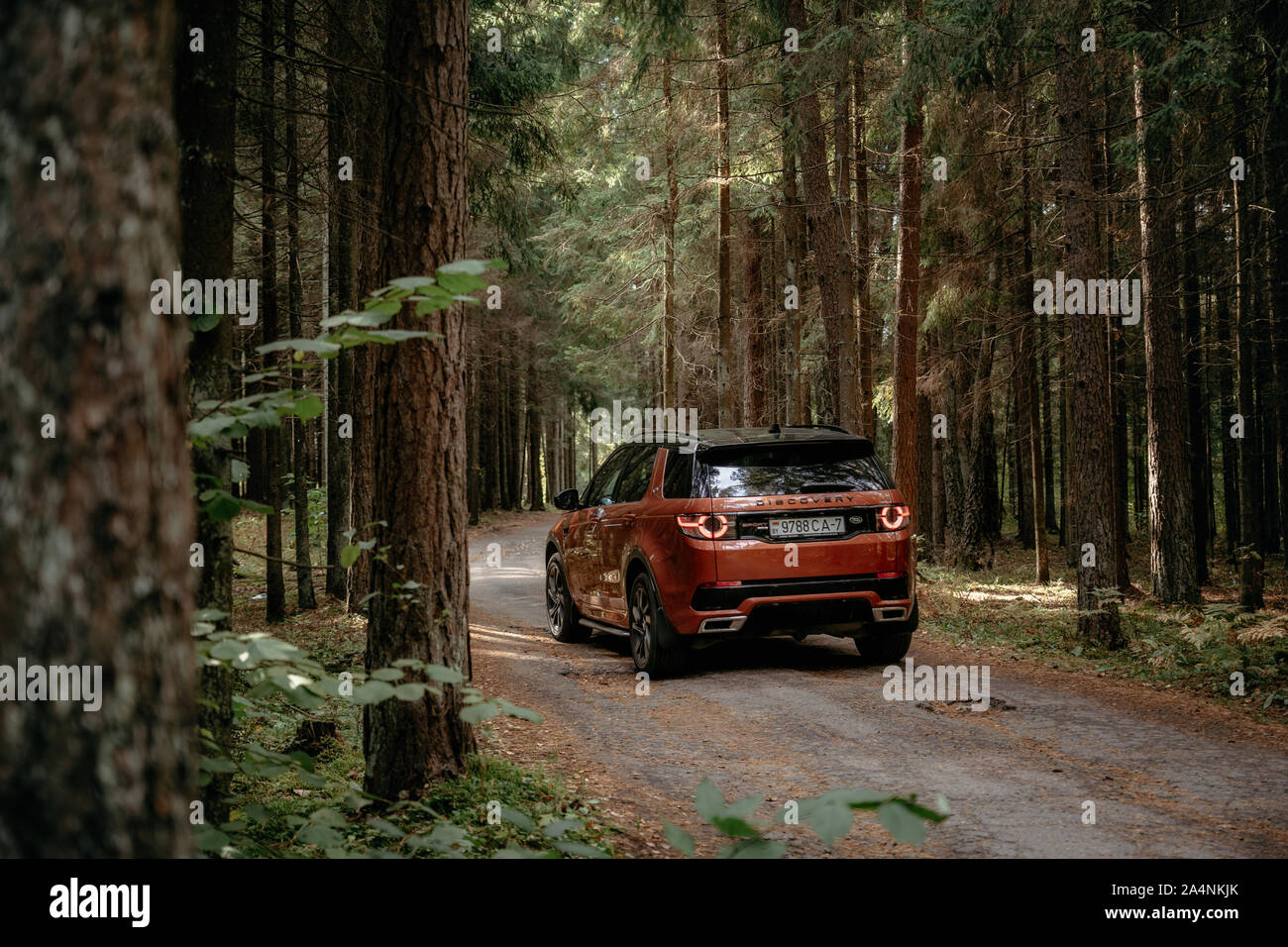 Minsk, Weißrussland - September 24, 2019: Land Rover Discovery Sport auf Landstraße n Herbst Wald landschaft. Stockfoto