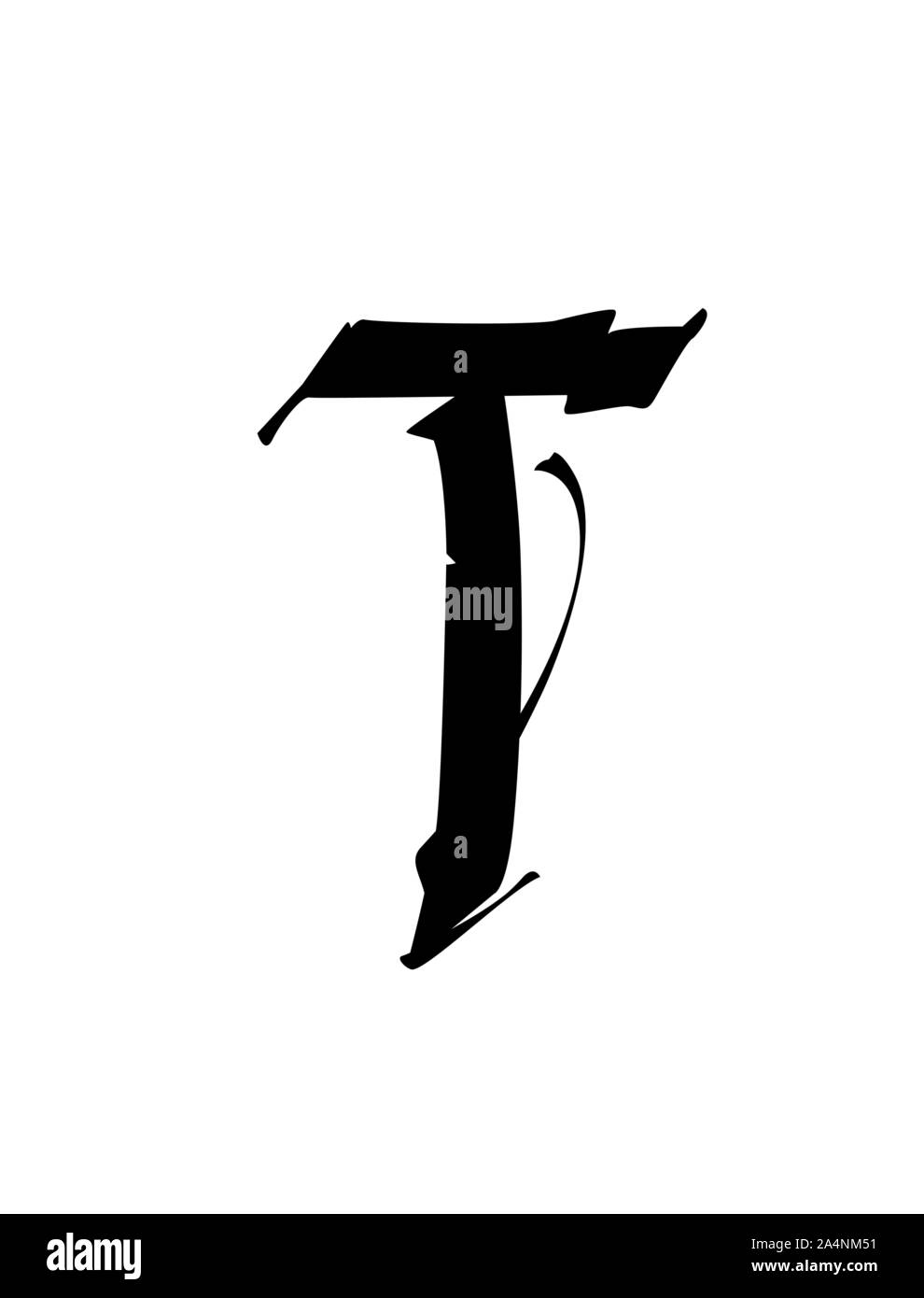 Buchstaben T, im gotischen Stil. Vektor. Alphabet. Das Symbol befindet sich auf einem goldenen Hintergrund isoliert. Kalligraphie und Schrift. Mittelalterlichen lateinischen Buchstaben. Logo Stock Vektor