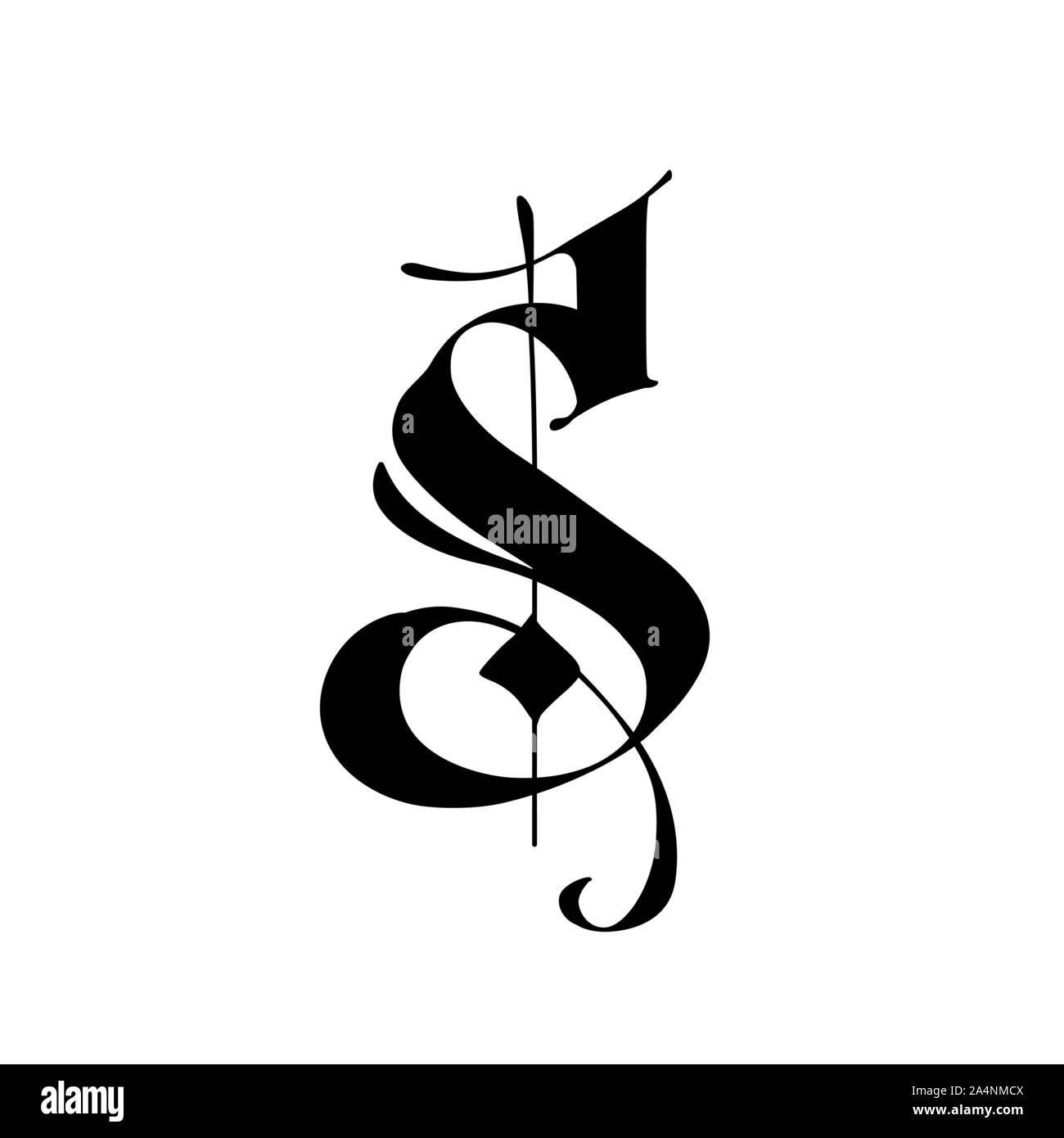 Buchstabe S, im gotischen Stil. Vektor. Alphabet. Das Symbol wird auf einem weißen Hintergrund. Kalligraphie und Schrift. Mittelalterlichen lateinischen Buchstaben. Logo Stock Vektor