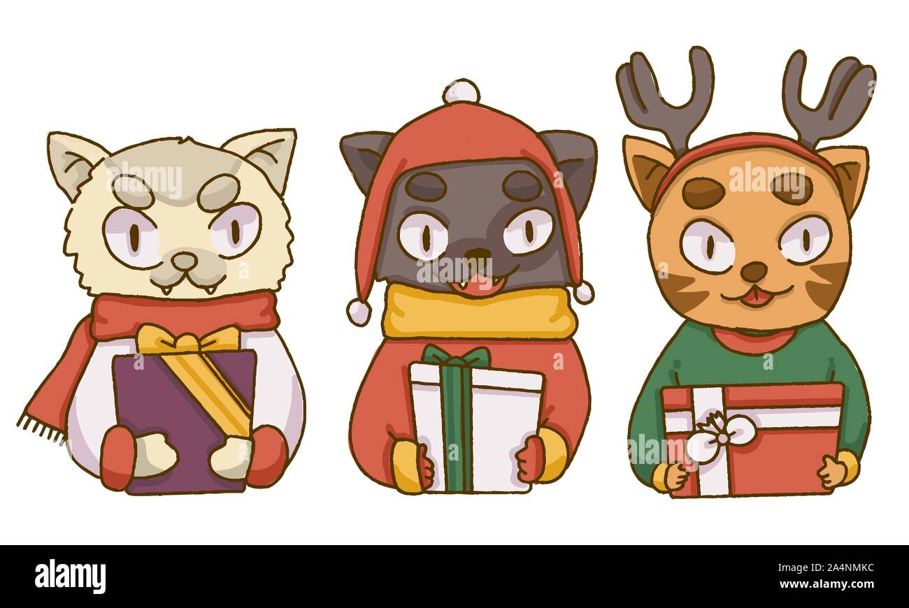 Weihnachten süße Katzen holding Weihnachtsgeschenke Stock Vektor