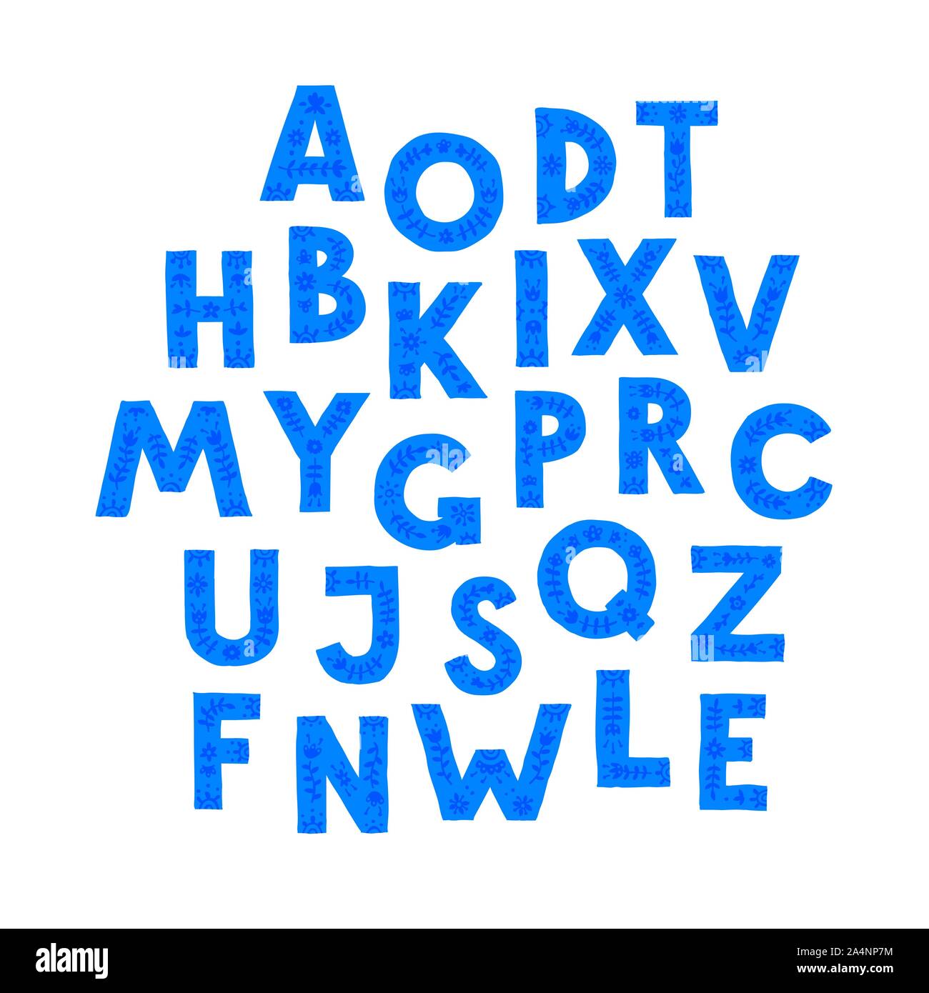 Blaue Briefe in zufälliger Reihenfolge. Vektor. Buchstaben in einem floralen Ornament. Cartoon doodle Stil. Englische Alphabet. Stock Vektor