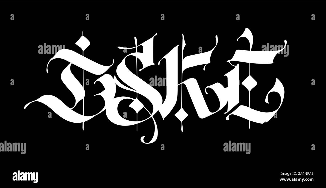 D, S, K, E, im gotischen Stil. Vektor. Buchstaben und Symbole auf schwarzem Hintergrund. Kalligraphie mit einer weißen Markierung. Mittelalterliche lateinische Buchstaben. Elegante f Stock Vektor