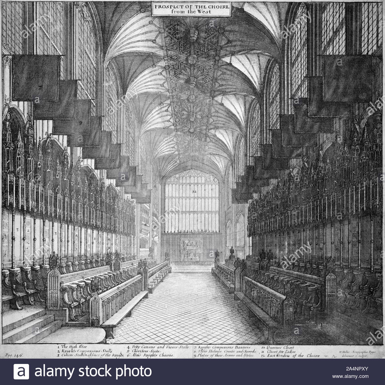 St. George's Chapel Choir, Schloss Windsor, England, Radierung von Böhmische Kupferstecher Wenzel Hollar aus 1600s Stockfoto