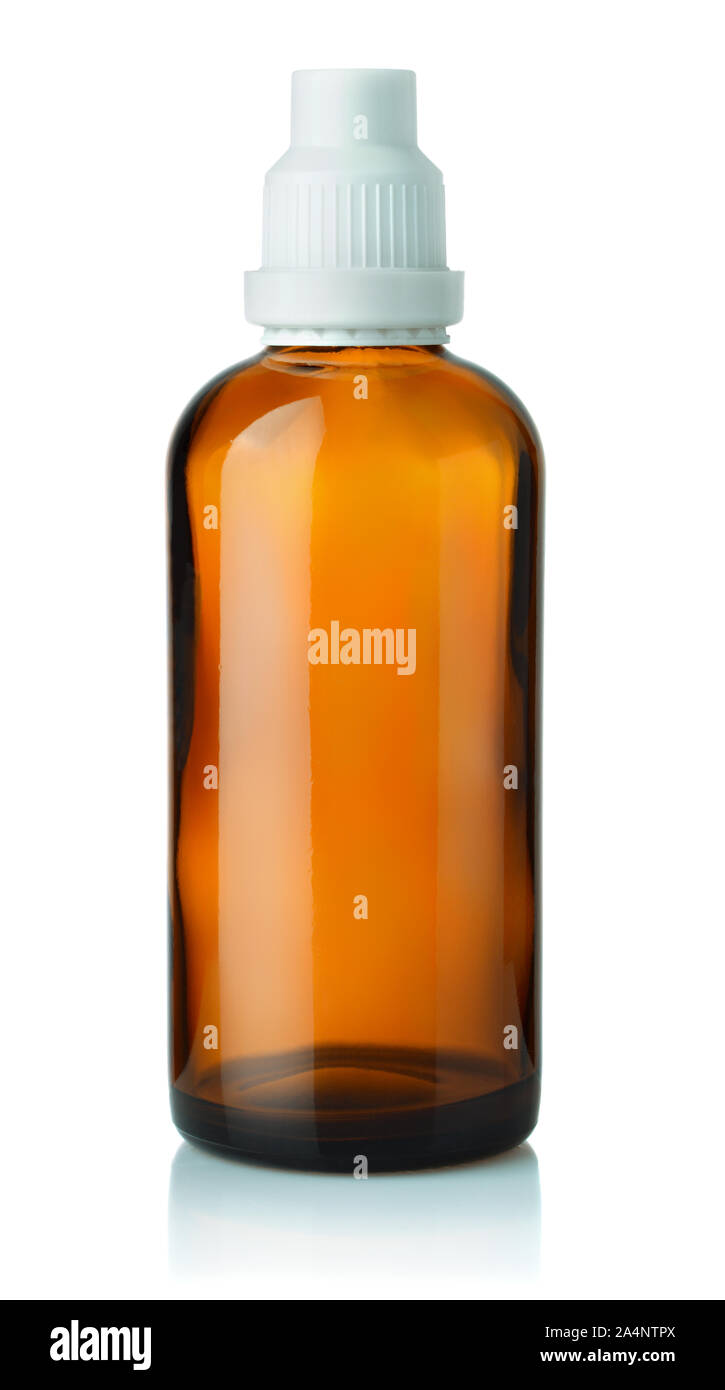 Vorderansicht des leeren braunen Medizin Glasflasche isoliert auf weißem Stockfoto
