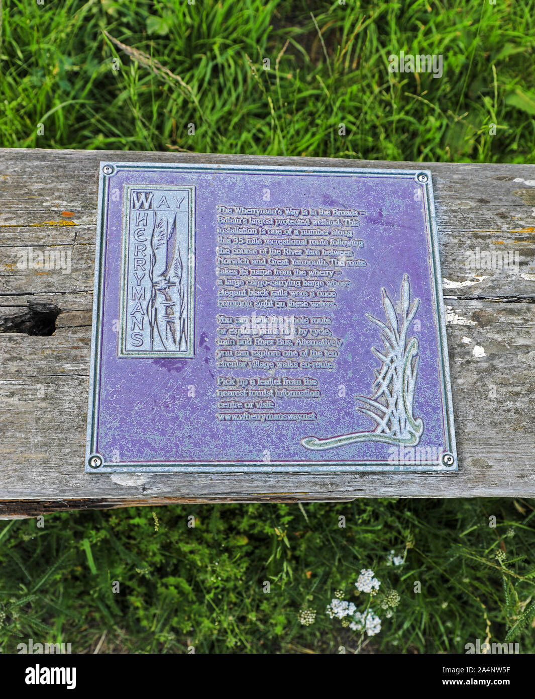 Eine Informationstafel für Wandern des Wherryman zwischen Norwich und Great Yarmouth, Norfolk Broards, Norfolk, England, UK läuft Stockfoto