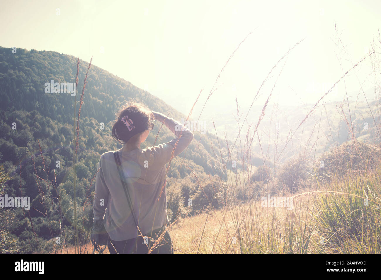Junge Mädchen in der Natur sucht, weit weg, Freiheit sensation Foto mit Vintage-effekt Stockfoto