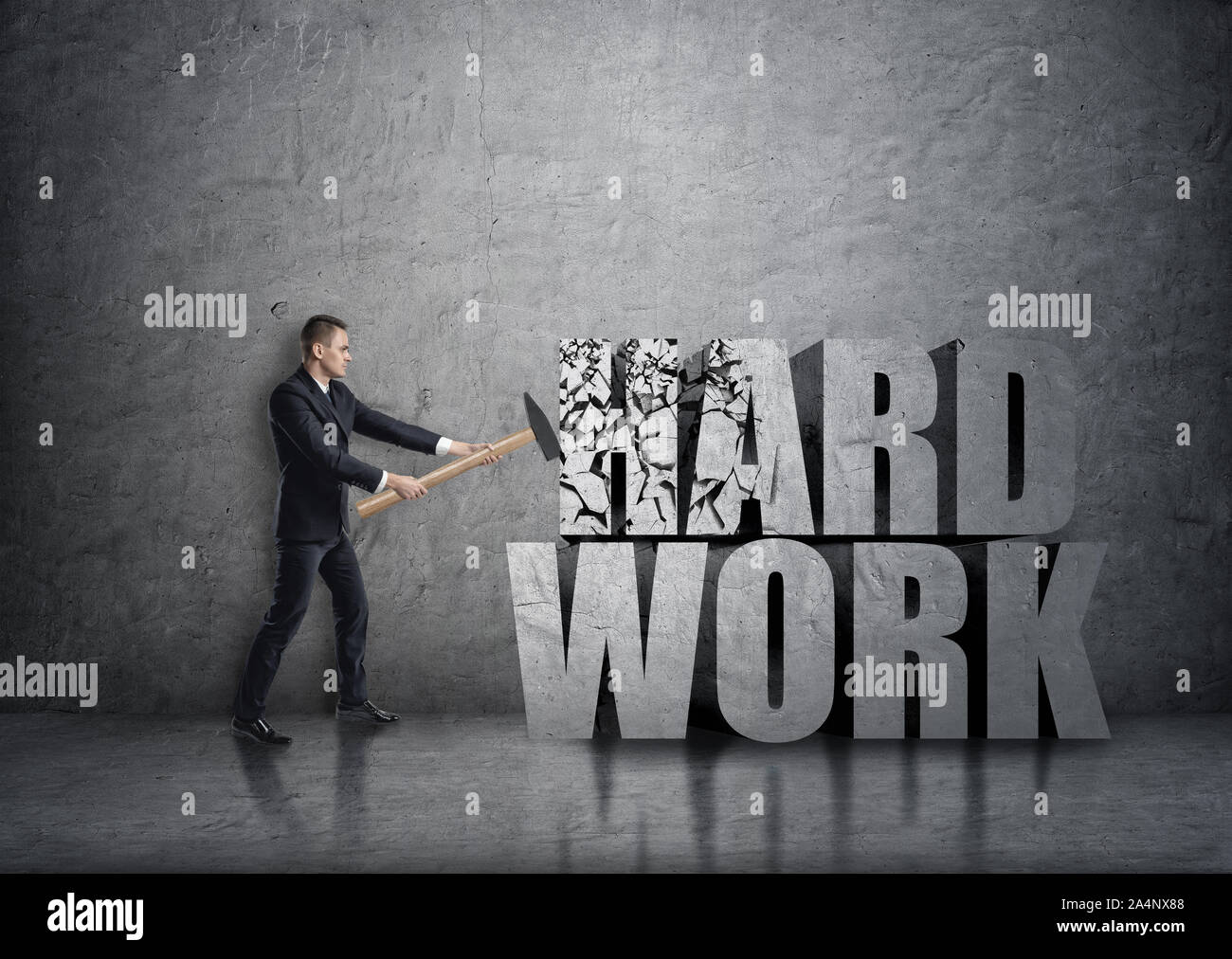 Seitenansicht der junge Geschäftsmann Absturz 3D Beton "harte Arbeit" Worte mit einem Hammer Stockfoto