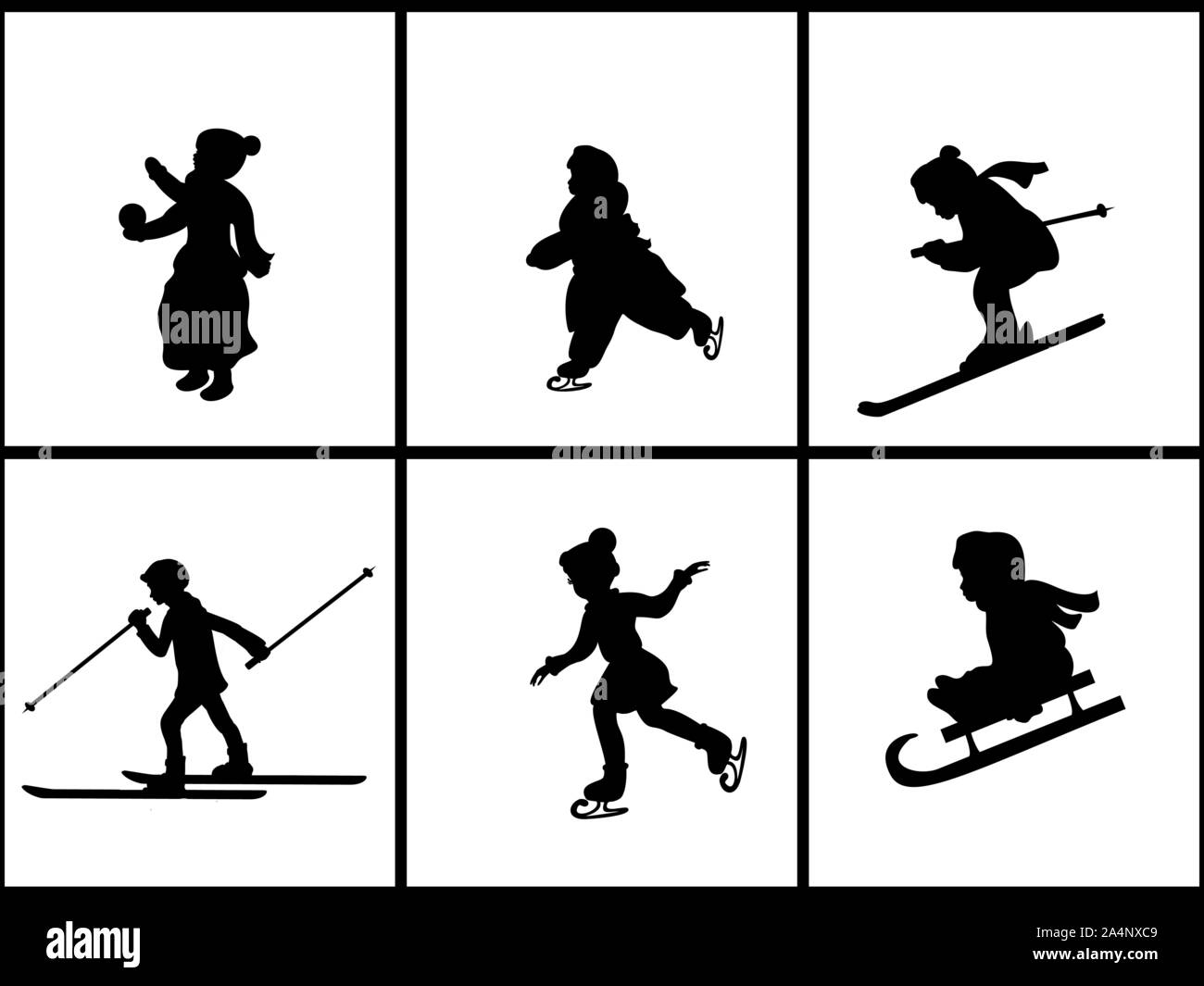 Set Silhouetten von Kindern auf Winterurlaub. Vector Illustration Stock Vektor