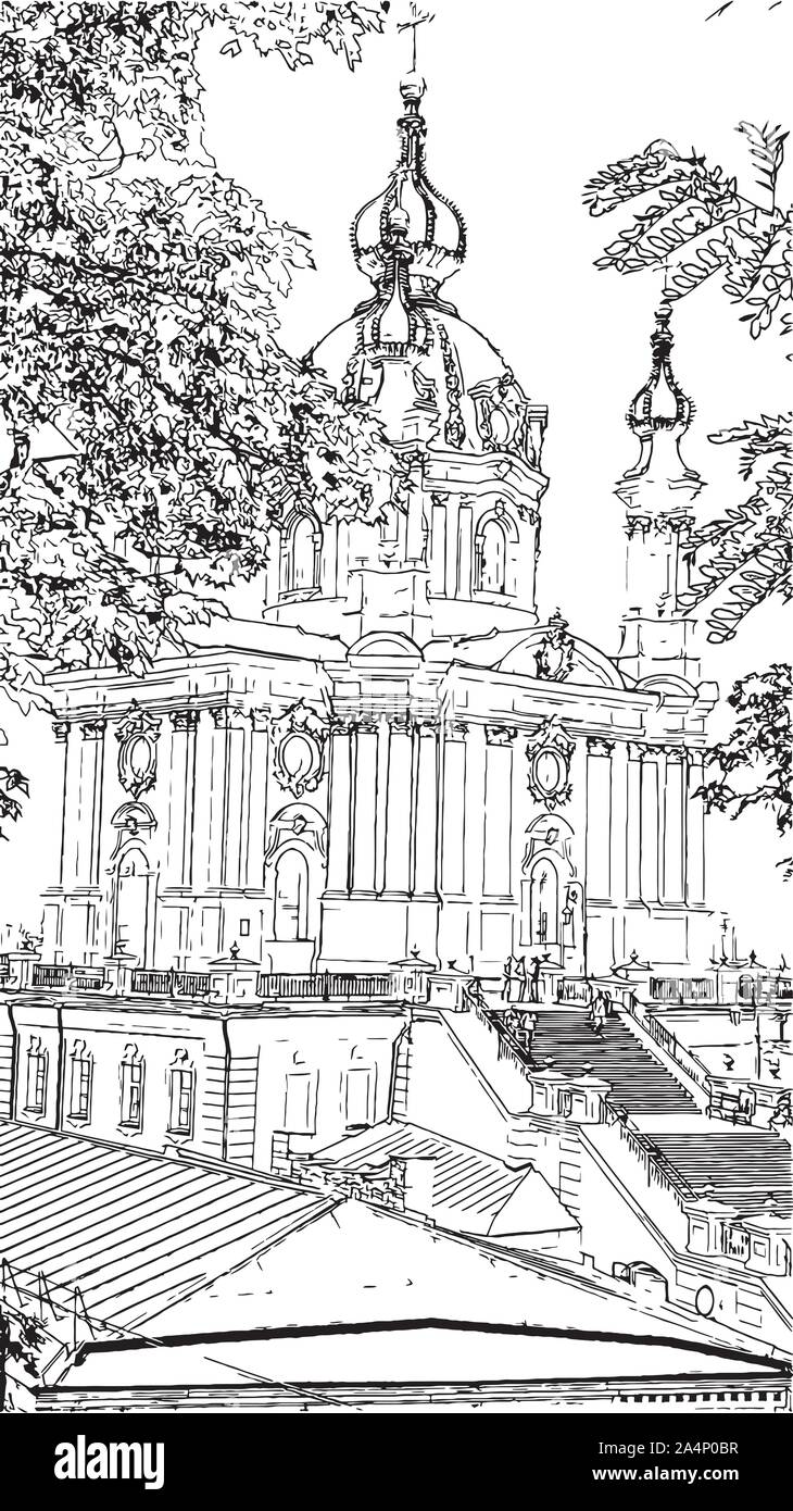 St. Andrew's Church in Kiew. Ukraine - Artwork schwarze und weiße Zeichnung Skizze Vector Illustration Stock Vektor