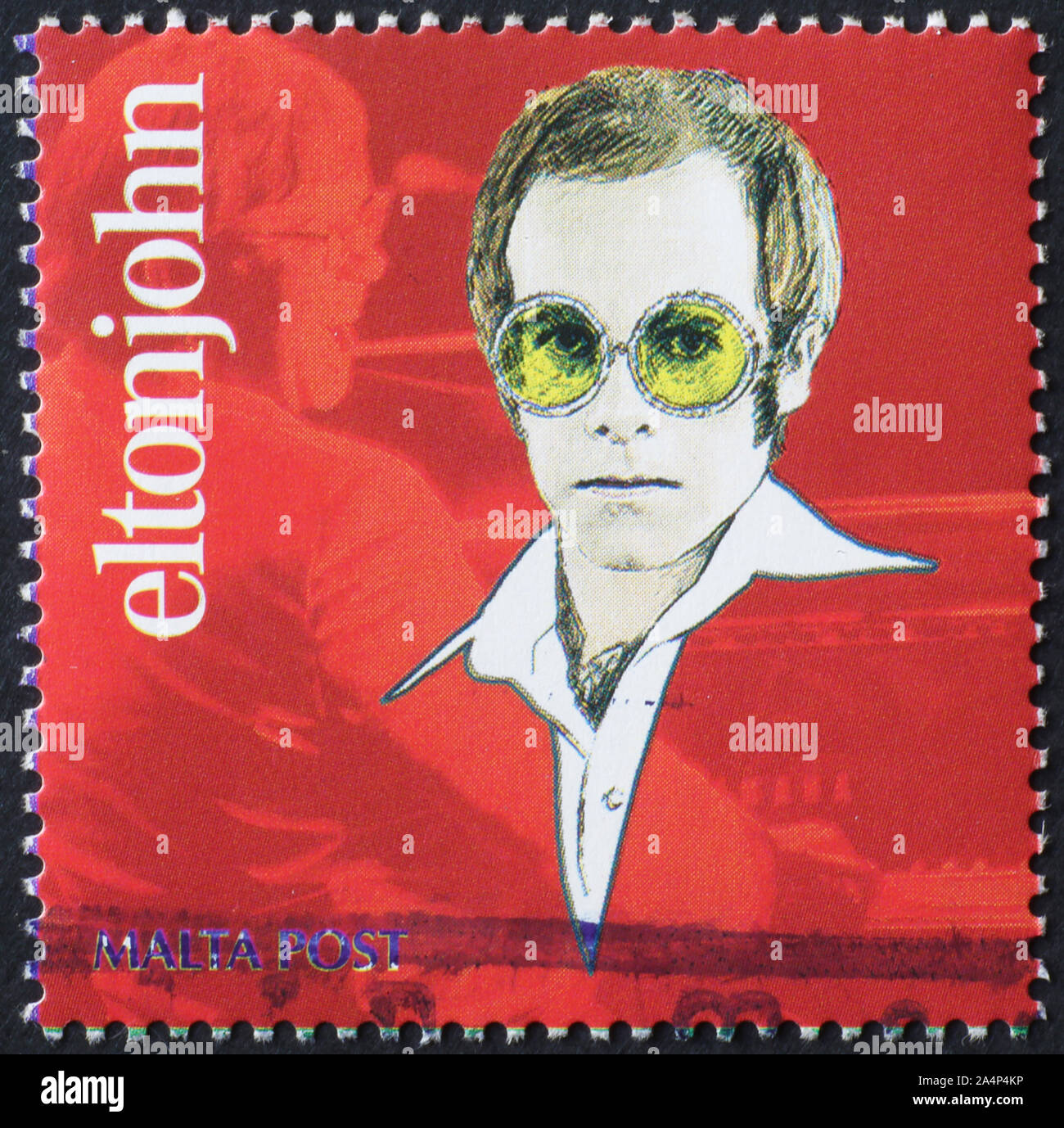 Zeichnung von Elton John auf Briefmarke Stockfoto